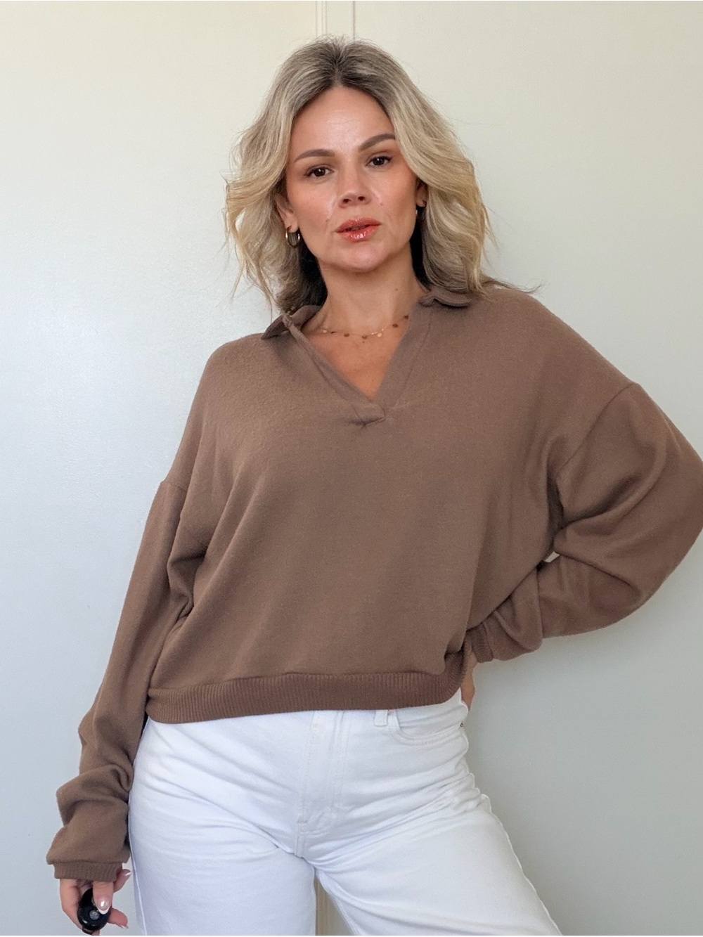 New Project Social T Relaxed V-Neck Collared Top - Brown